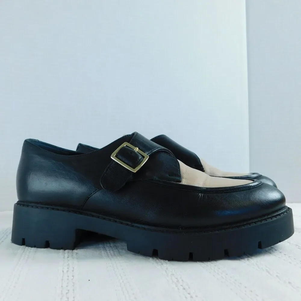 Seychelles Leather Loafers 7.5 Catch Me Black Cream Buckle Shoes Womens Retro